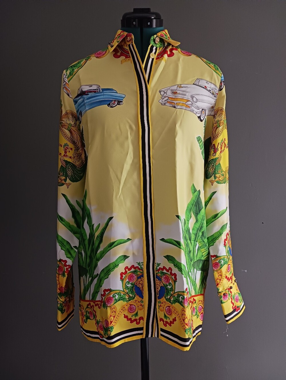 Versace Car, Yellow Palm Tree Baroque Logo Printed Button Down Shirt Size IT 40